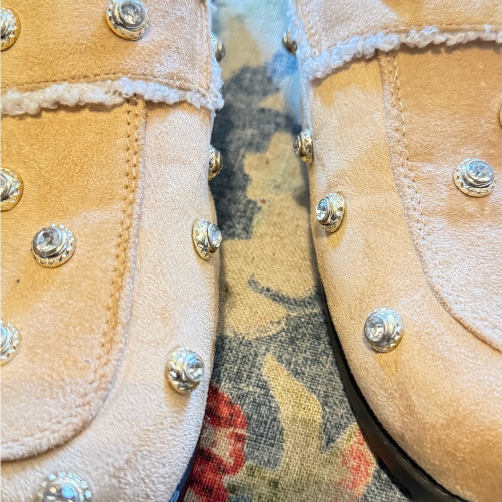 Studded Suede Shearling-Trim Mule Clogs worn once around the house - Picture 14 of 15